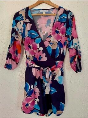 Charlie Jade Navy Floral Wrap Romper with Pink & Blue Blooms